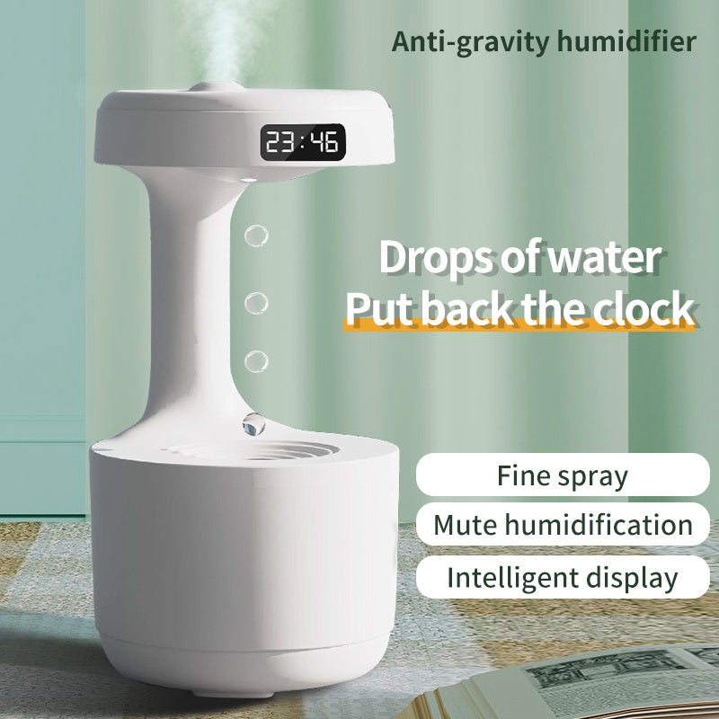 Fascinating humidifier with gravity defying water motion and integrated clock - Plenish