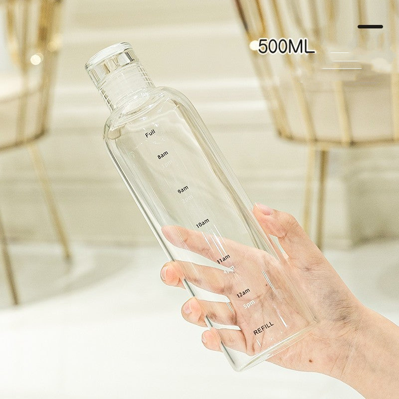 Minimalist and stylish glass water bottle with helpful time markers - Plenish