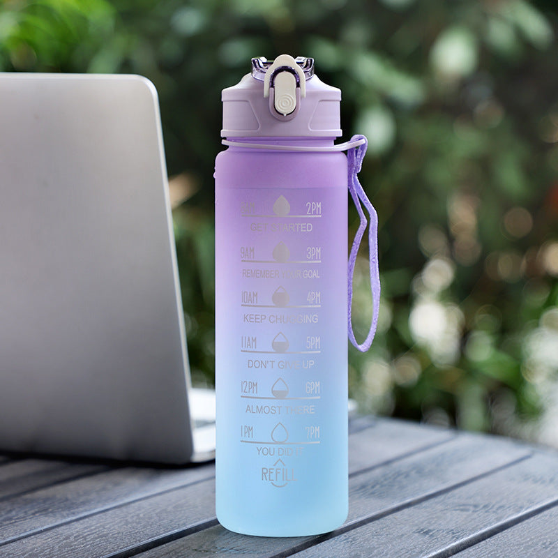 Hydration motivating water bottle with helpful time markers and straw - Plenish