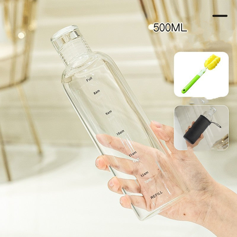 Minimalist and stylish glass water bottle with helpful time markers - Plenish