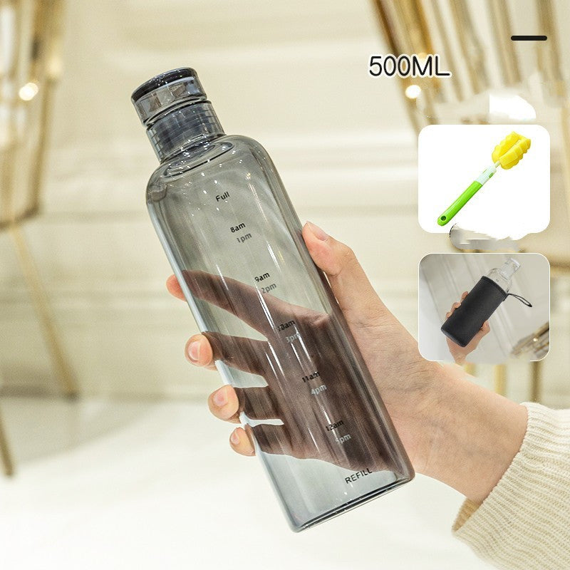 Minimalist and stylish glass water bottle with helpful time markers - Plenish