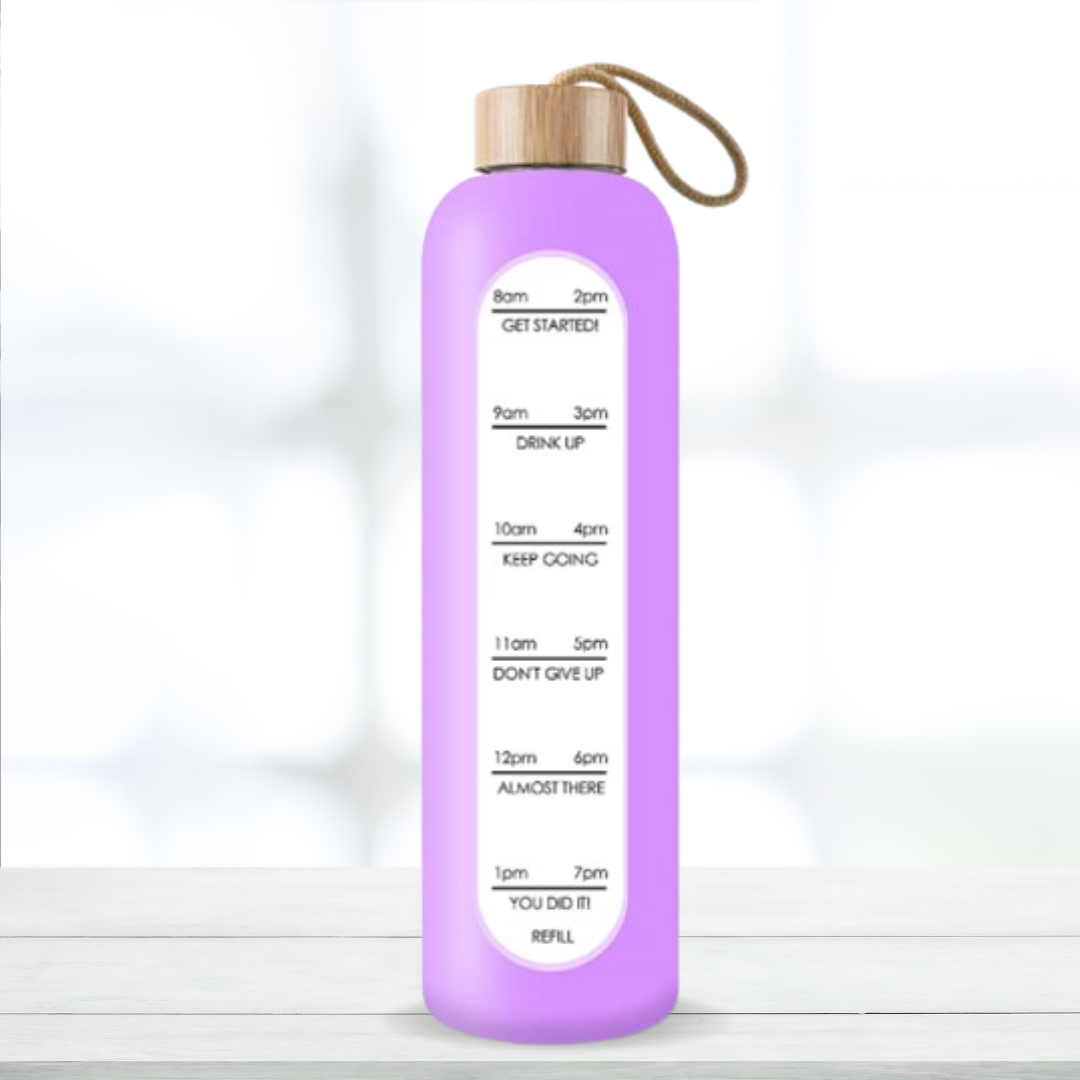 Glass bottle with non-slip protective sleeve and helpful time markers