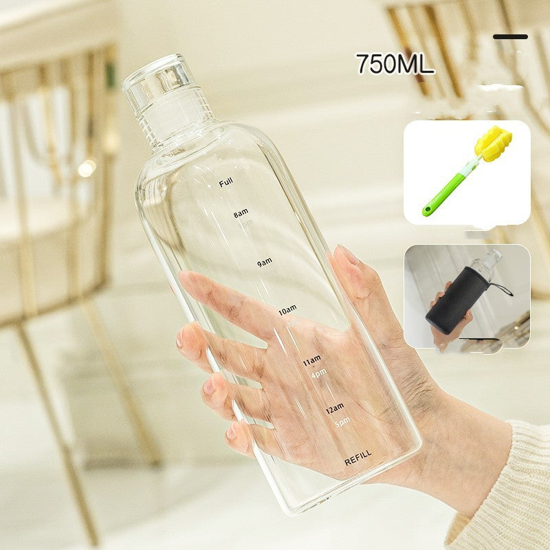 Minimalist and stylish glass water bottle with helpful time markers - Plenish