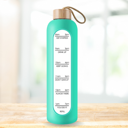 Glass bottle with non-slip protective sleeve and helpful time markers