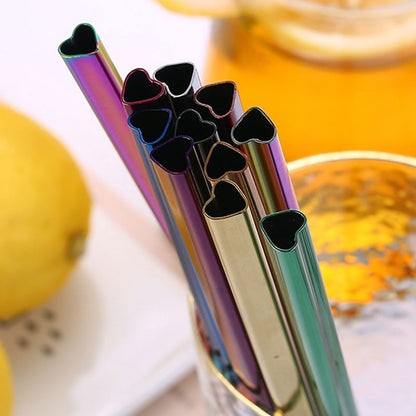 10 Reusable heart-shaped stainless steel drinking straws with cleaning brush - Plenish