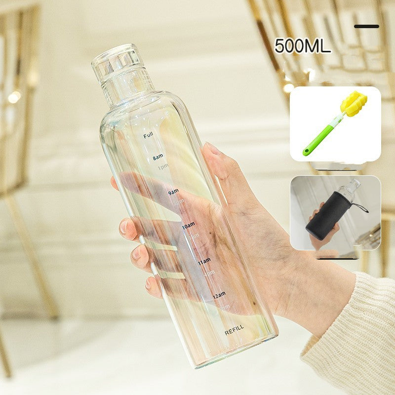 Minimalist and stylish glass water bottle with helpful time markers - Plenish