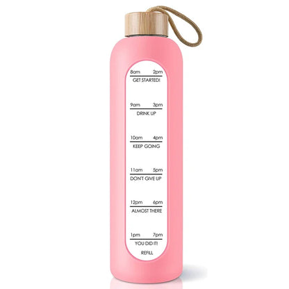 Glass bottle with non-slip protective sleeve and helpful time markers