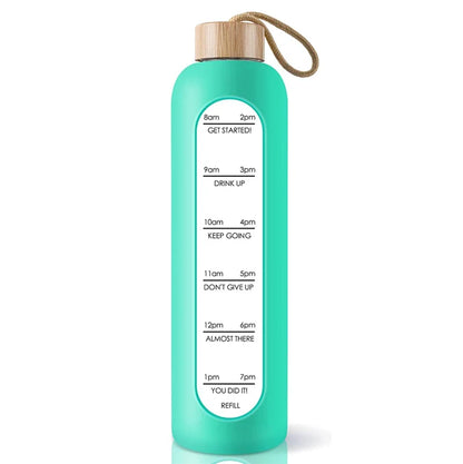 Glass bottle with non-slip protective sleeve and helpful time markers