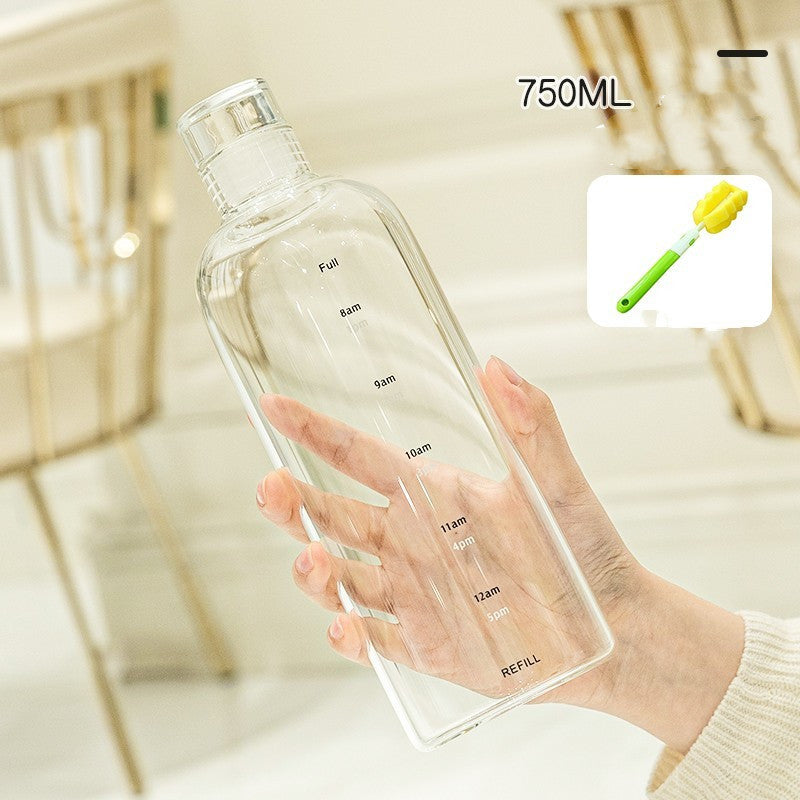 Minimalist and stylish glass water bottle with helpful time markers - Plenish