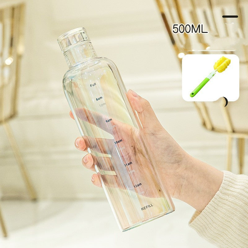 Minimalist and stylish glass water bottle with helpful time markers - Plenish