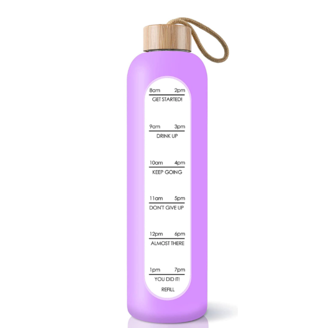 Glass bottle with non-slip protective sleeve and helpful time markers