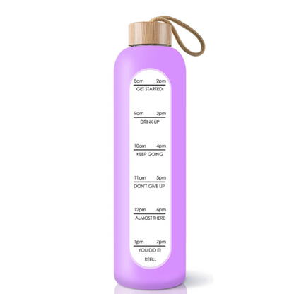 Glass bottle with non-slip protective sleeve and helpful time markers