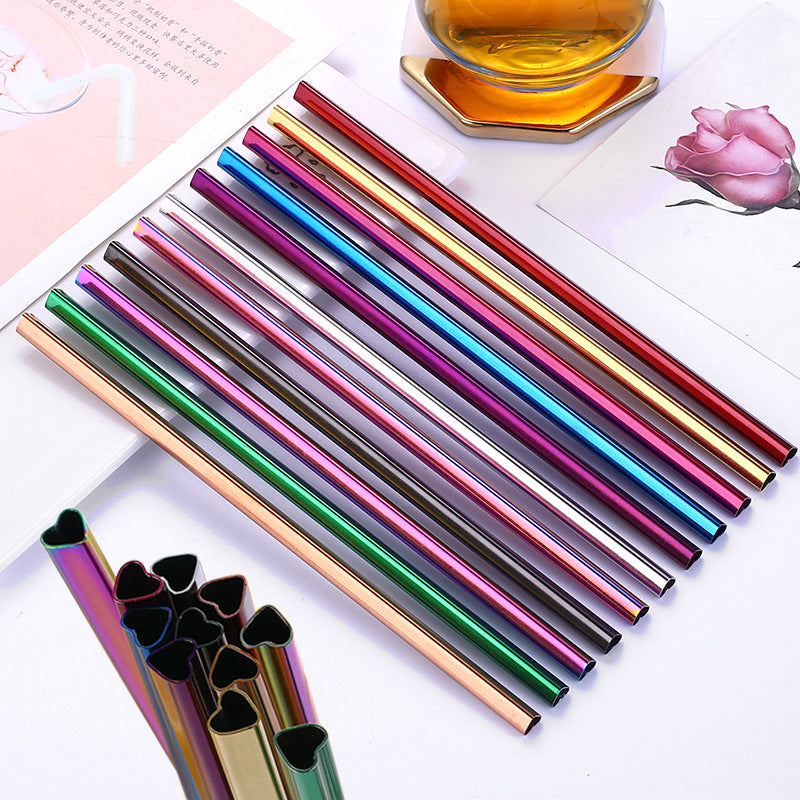 10 Reusable heart-shaped stainless steel drinking straws with cleaning brush - Plenish